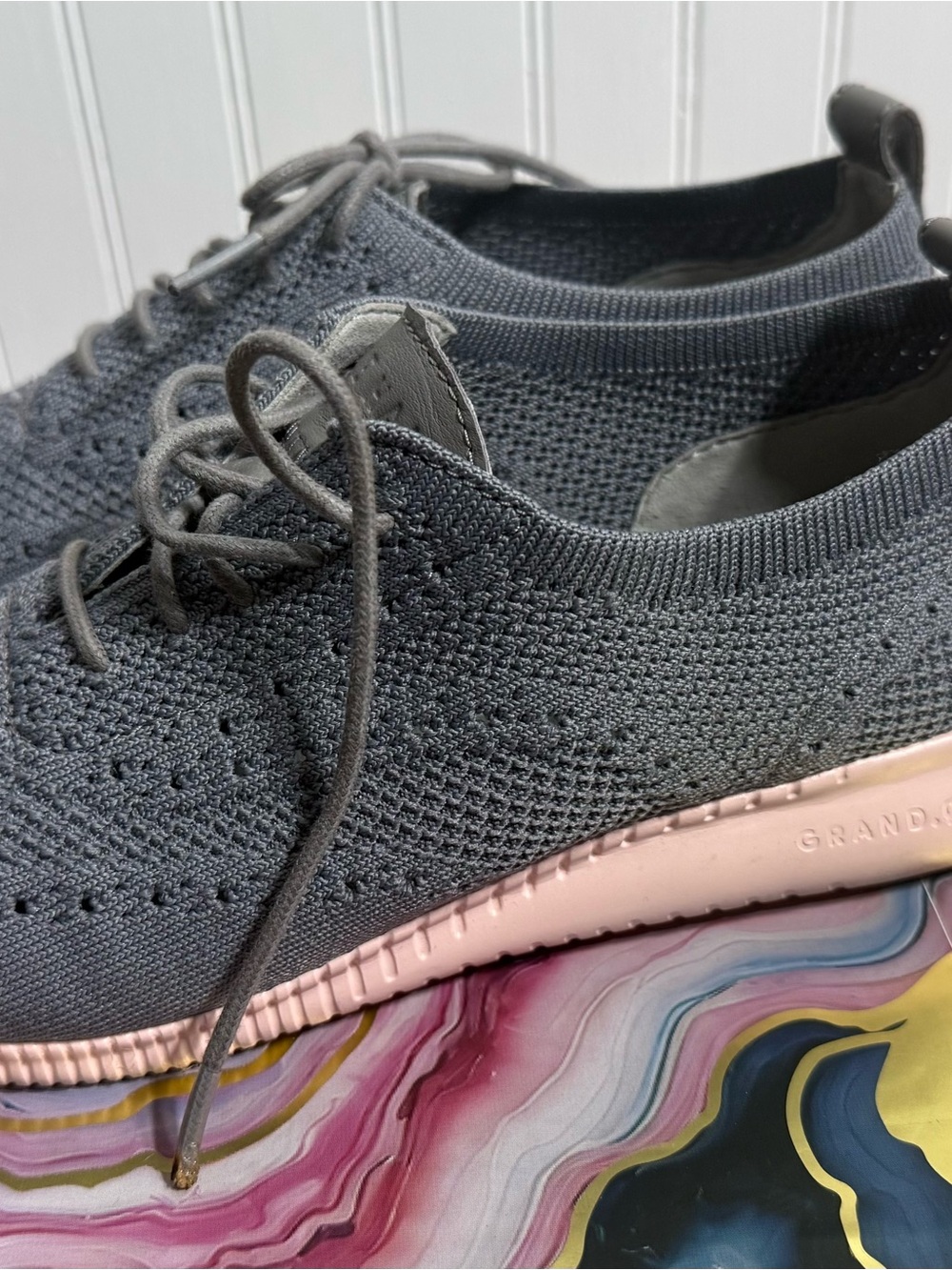Cole Haan Women's Knit Lace-Up Sneakers in Charcoal with Pink Sole